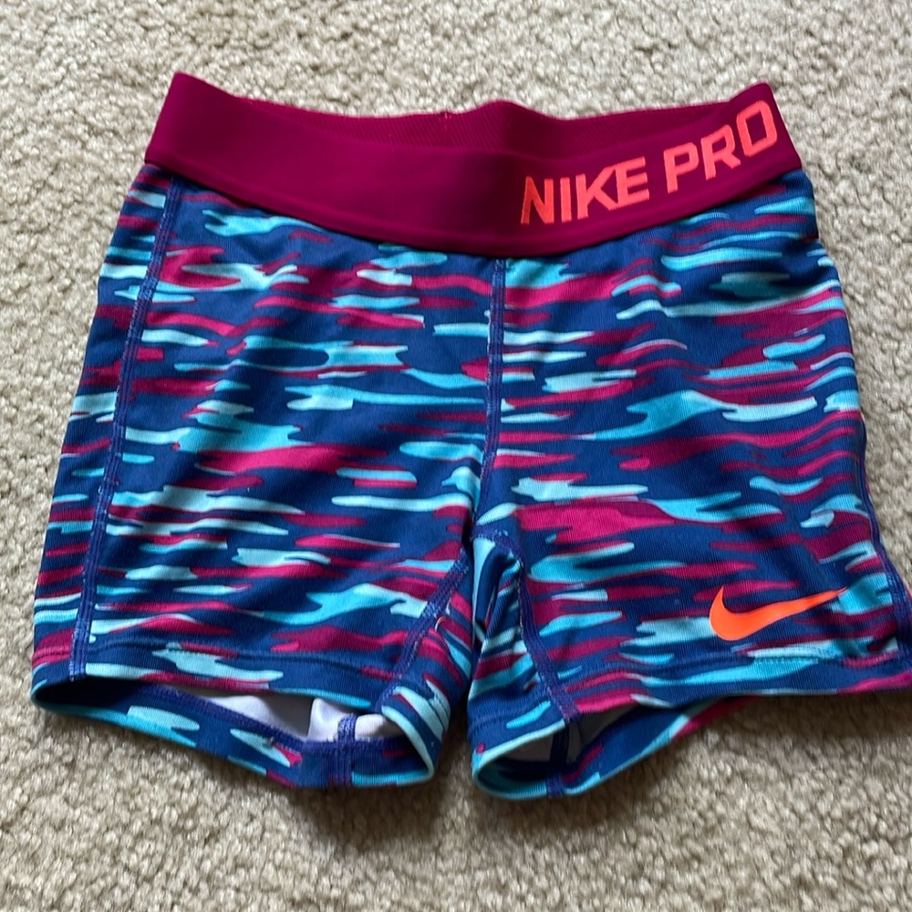 Nike pros, old version, blue and pink patterned